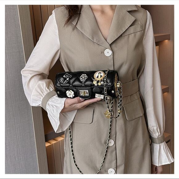 Black Lucky Charms Quilted Cylinder Shoulder Crossbody Bag - Picture 8 of 15